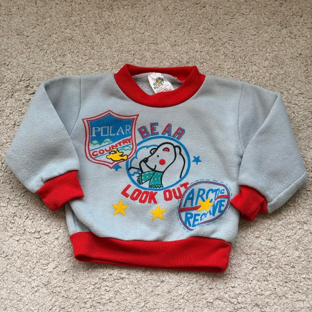 Vintage Cuties By Judy Polar Bear Fleece Sweatshirt Blue Red 12M RN 15994